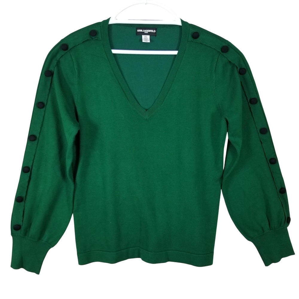 Karl Lagerfeld Paris Green V-Neck Button Sleeve Sweater L3XSS766 Womens Large
